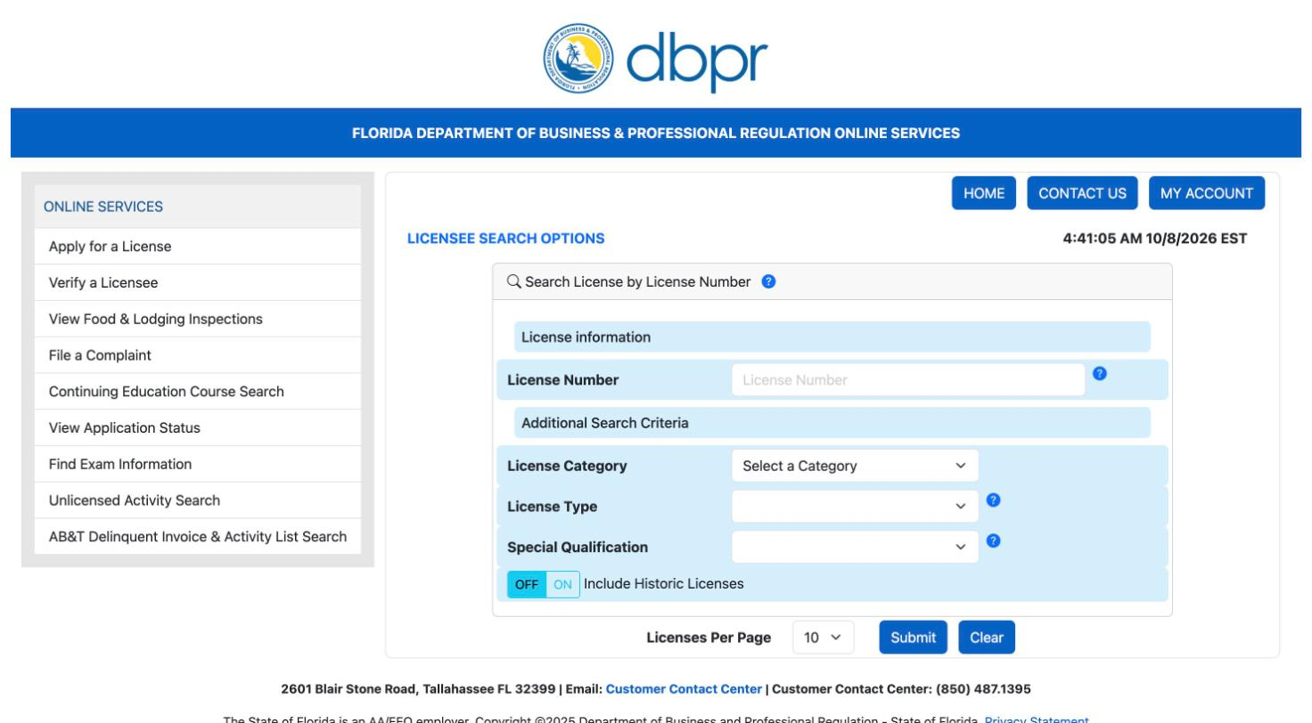 Step 3: type the license number and click Submit DBPR search form with the License Number field, optional category and type filters, and the Include Historic Licenses switch turned off