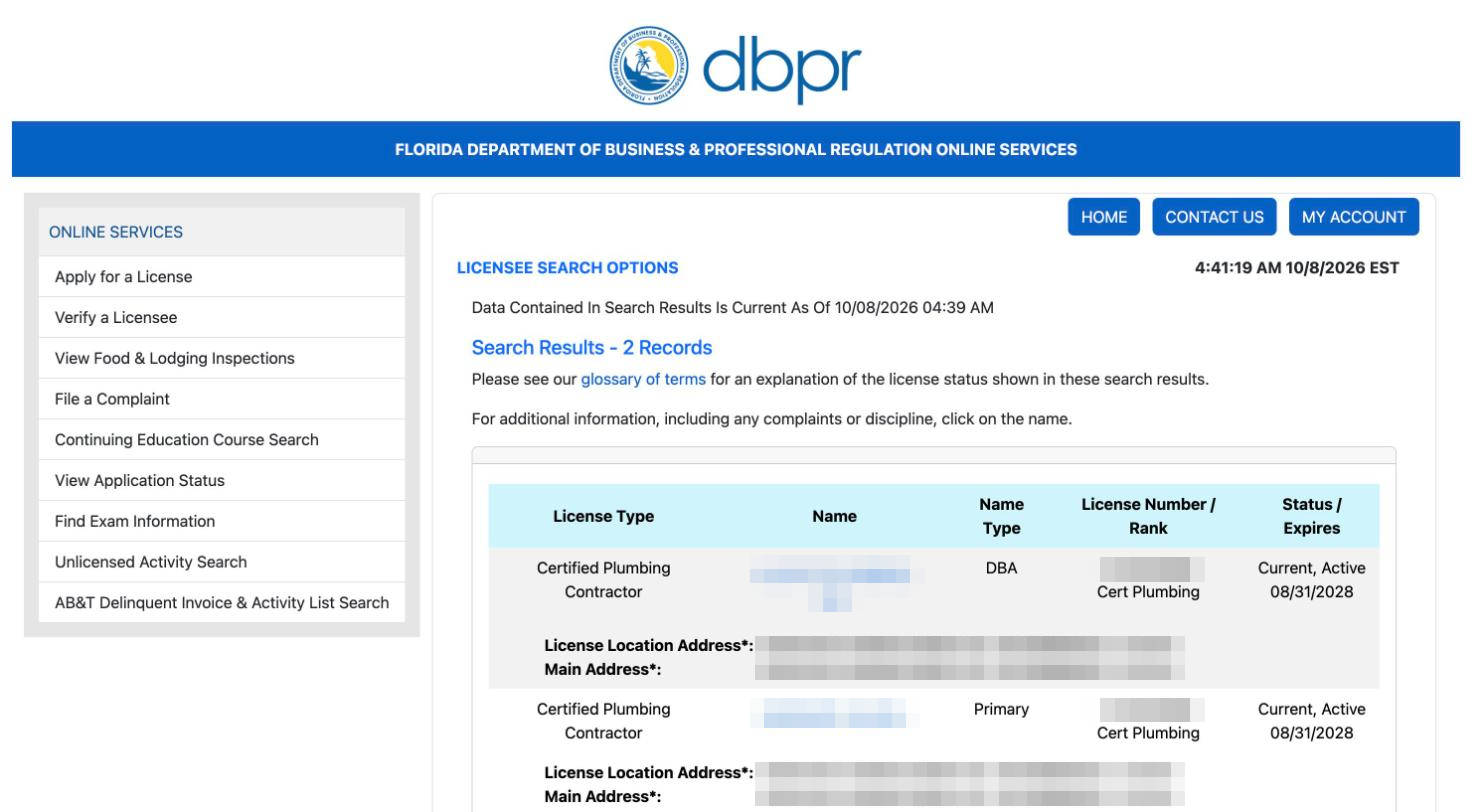 One license, two rows: the company and its qualifier DBPR search results showing one certified plumbing license twice: a company row marked DBA and a person row marked Primary, both Current, Active