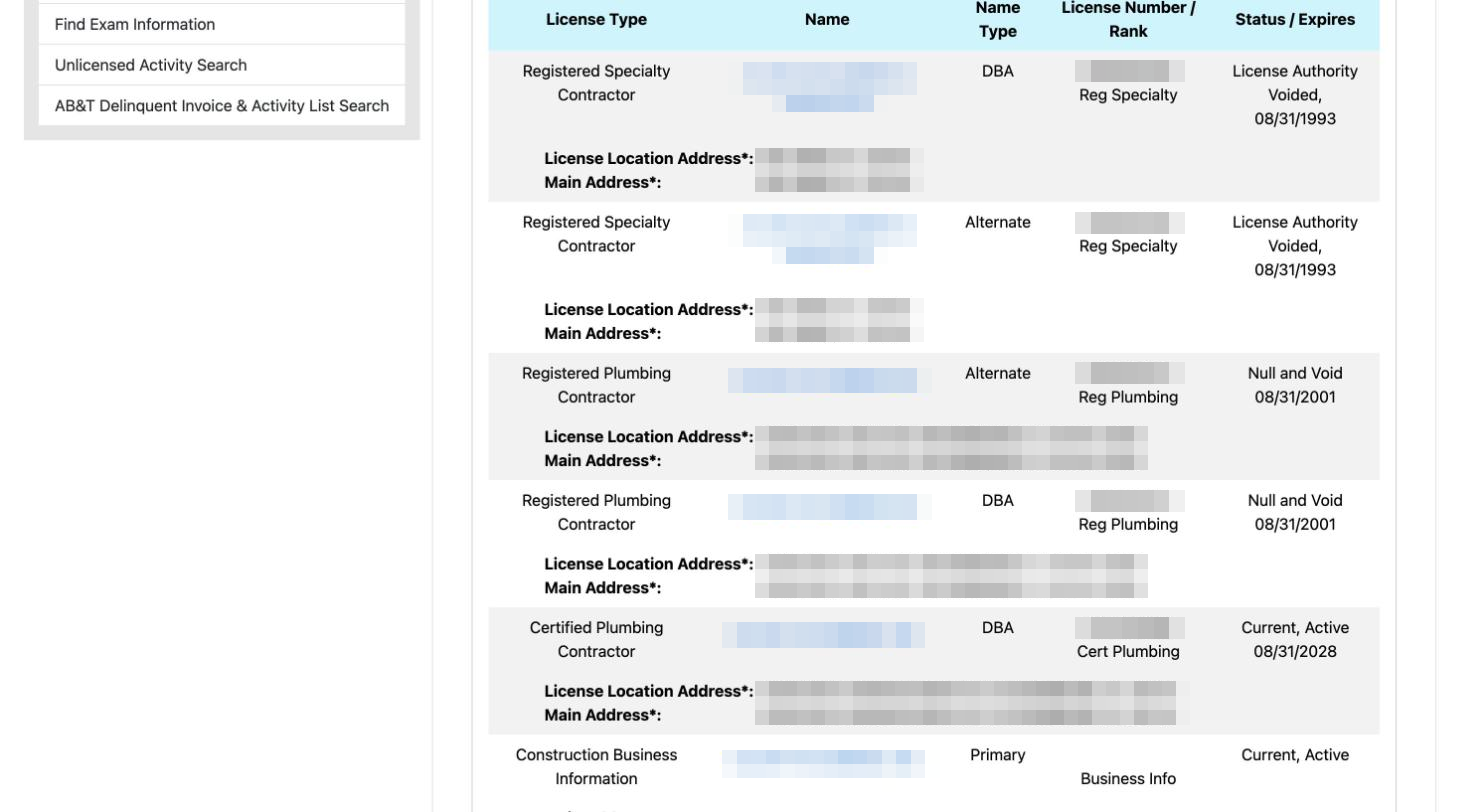 A name search mixes old licenses and other companies DBPR name search results with six records: a voided license of another company in another city, an old registered license marked Null and Void, and one current certified license