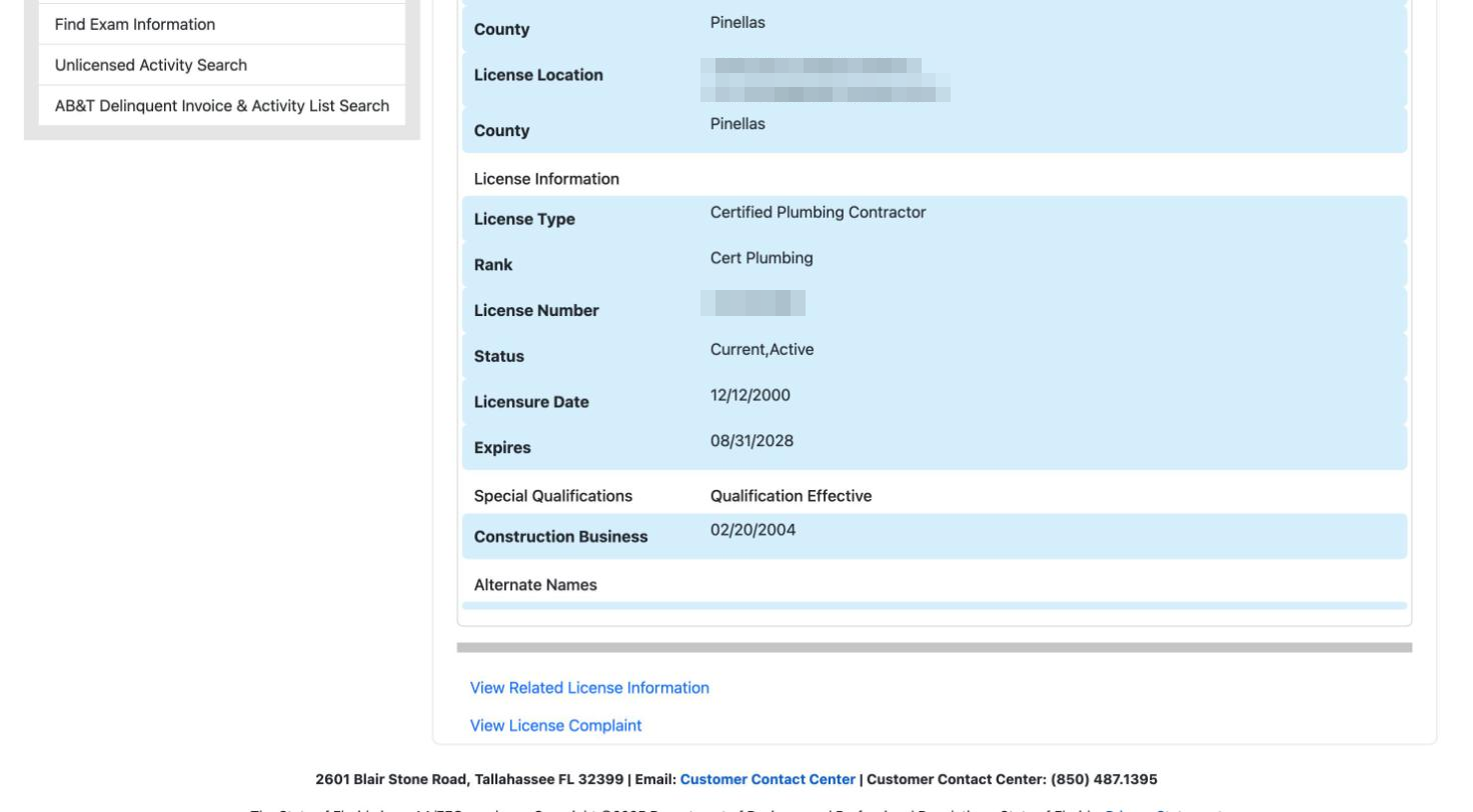 The full record: status, dates, and complaint history DBPR licensee details page listing license type, rank, number, status, licensure date, expiration date, and links to related licenses and complaints