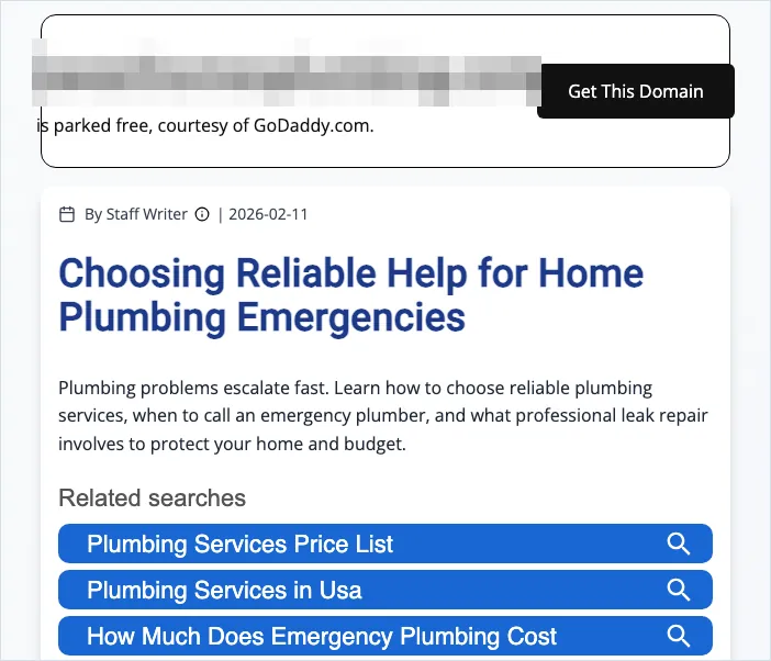 Parked web page with a Get This Domain button and generic plumbing ads