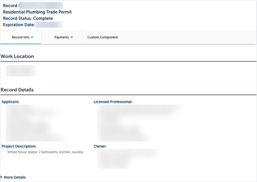 A plumbing permit record on a county permit portal: record type Residential Plumbing Trade Permit